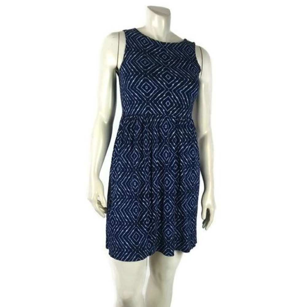 JOE FRESH Med Diamond Print Blue Sleveless Dress - Picture 2 of 5